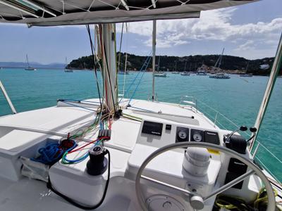Cockpit of Selene, a Bali Catspace catamaran at Kontokali, Greece