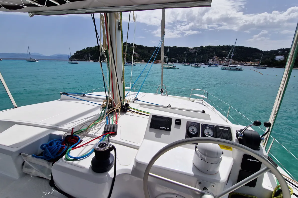 Cockpit of Selene, a Bali Catspace catamaran at Kontokali, Greece