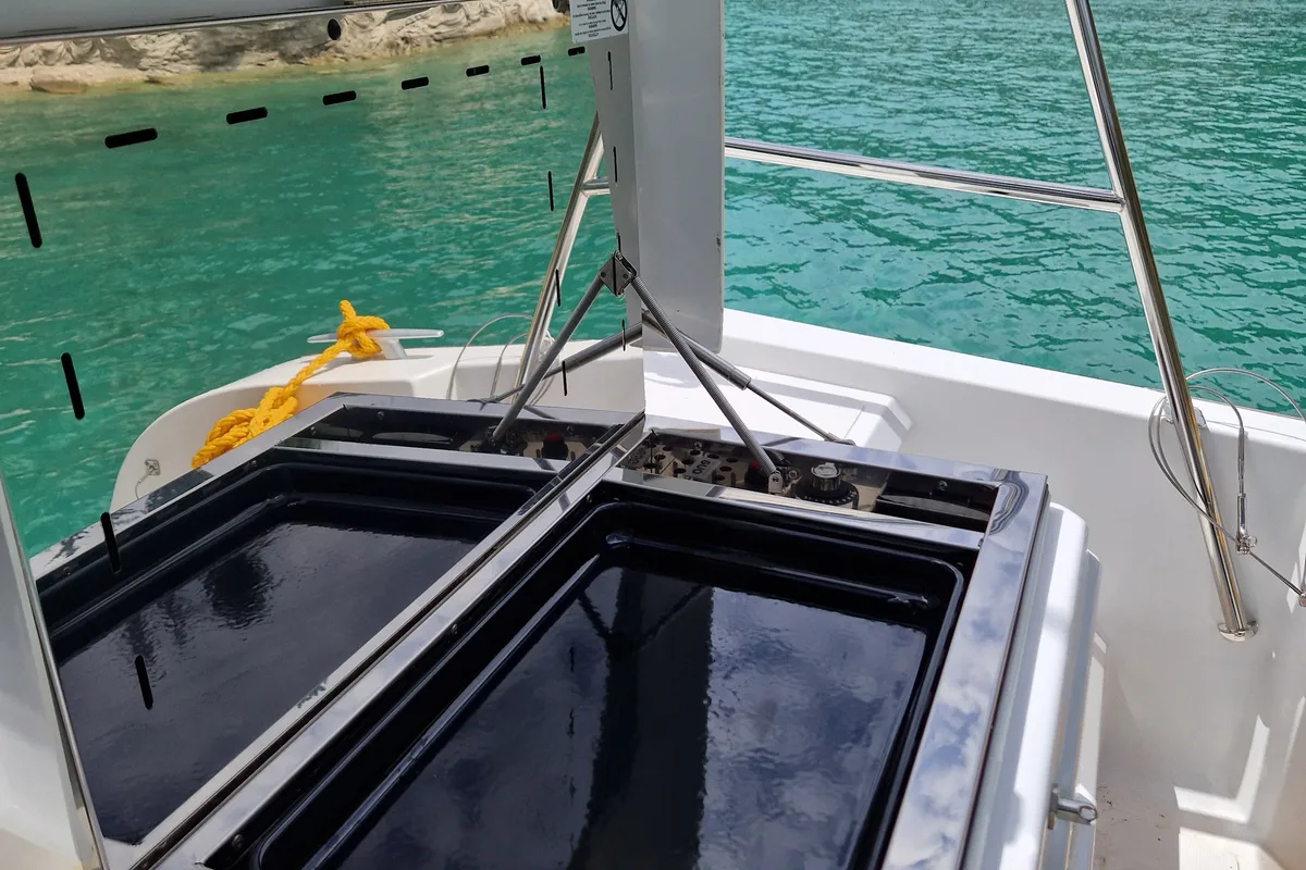 Deck of Selene, a Bali Catspace catamaran at Kontokali, Greece