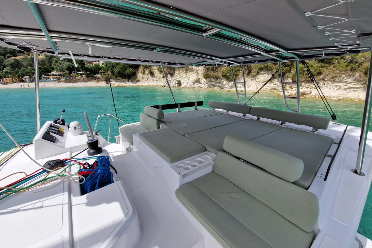 Deck of Selene, a Bali Catspace catamaran at Kontokali, Greece