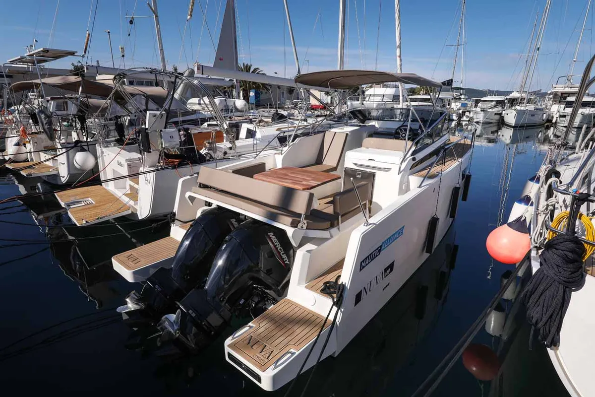 Deck of Babac, a Nuva M9 Cabin motorboat at Grad Biograd na Moru, Croatia