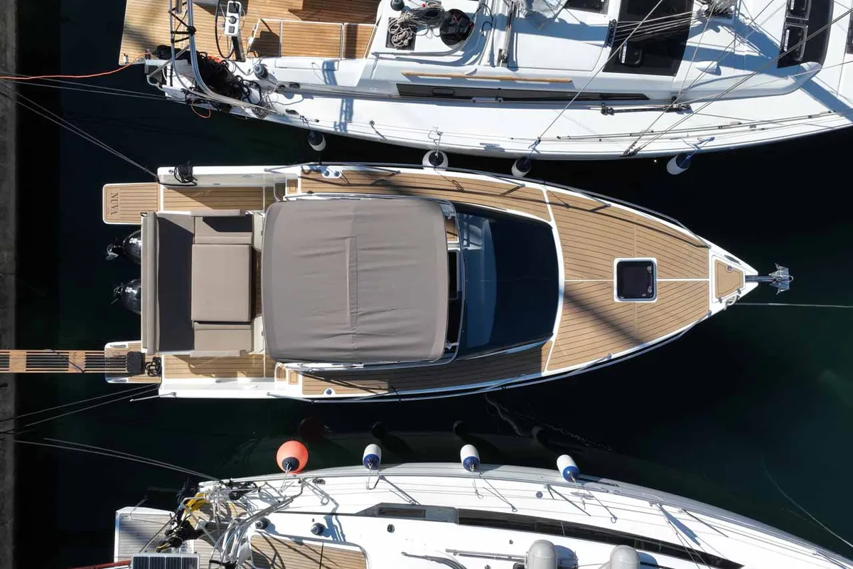Exterior view of Babac, a Nuva M9 Cabin motorboat at Grad Biograd na Moru, Croatia