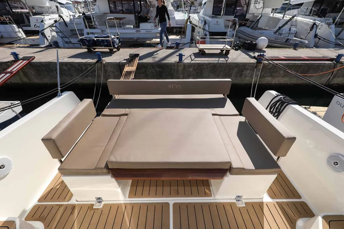 Deck of Babac, a Nuva M9 Cabin motorboat at Grad Biograd na Moru, Croatia