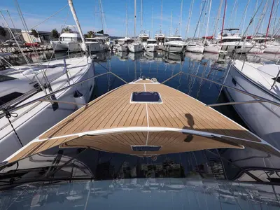 Deck of Babac, a Nuva M9 Cabin motorboat at Grad Biograd na Moru, Croatia