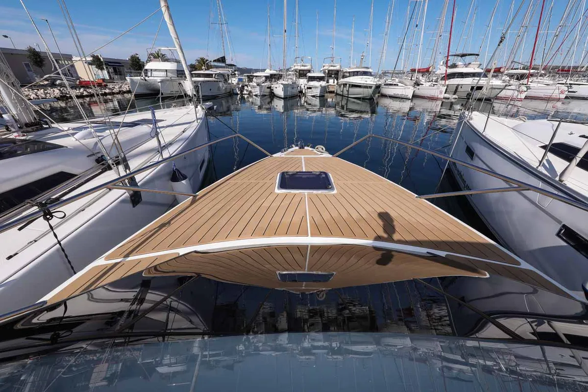 Deck of Babac, a Nuva M9 Cabin motorboat at Grad Biograd na Moru, Croatia