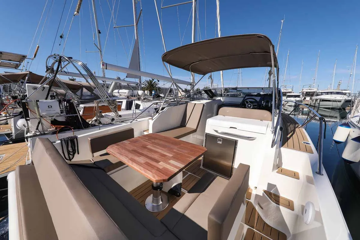 Deck of Babac, a Nuva M9 Cabin motorboat at Grad Biograd na Moru, Croatia