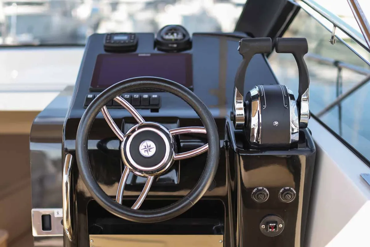 Cockpit of Babac, a Nuva M9 Cabin motorboat at Grad Biograd na Moru, Croatia
