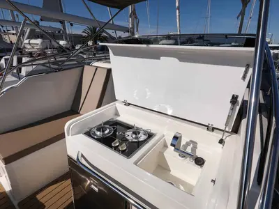 Galley of Babac, a Nuva M9 Cabin motorboat at Grad Biograd na Moru, Croatia