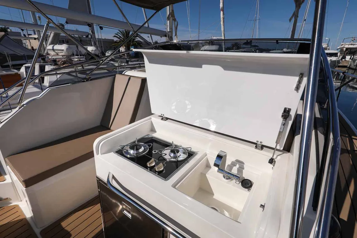 Galley of Babac, a Nuva M9 Cabin motorboat at Grad Biograd na Moru, Croatia