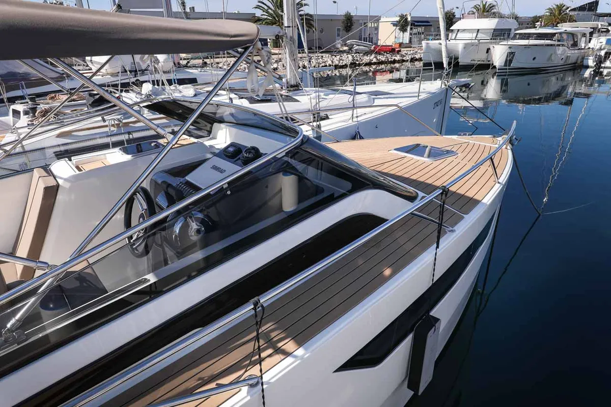 Cockpit of Babac, a Nuva M9 Cabin motorboat at Grad Biograd na Moru, Croatia