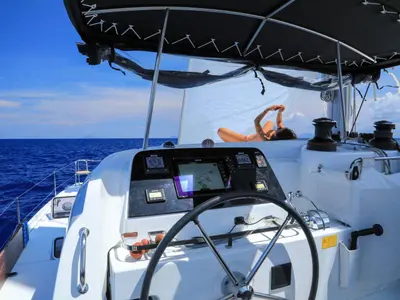 Cockpit of Lagoon 42, a catamaran at Tropea, Italy