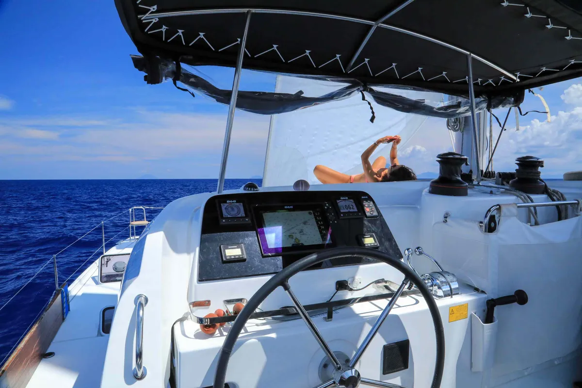 Cockpit of Lagoon 42, a catamaran at Tropea, Italy