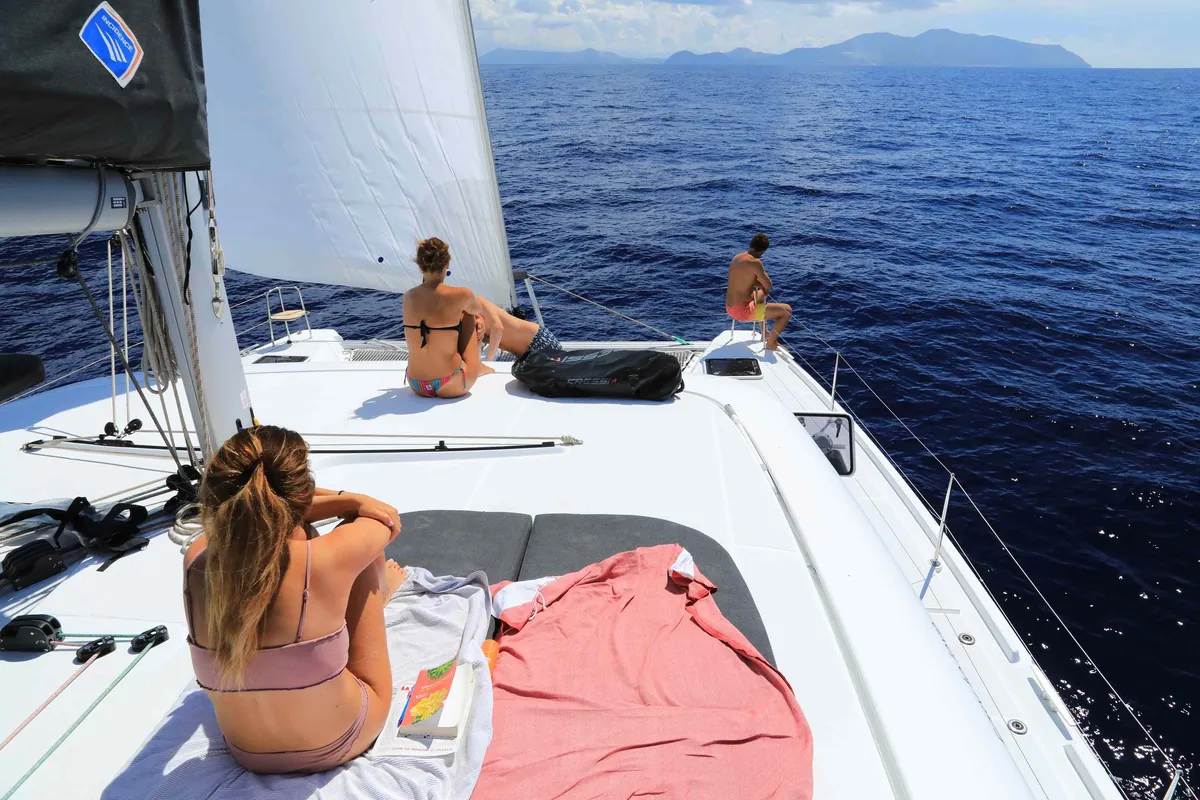 Exterior view of Lagoon 42, a catamaran at Tropea, Italy