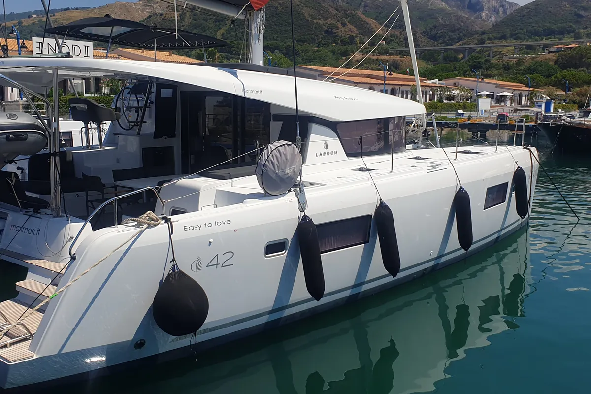 Exterior view of Lagoon 42, a catamaran at Tropea, Italy