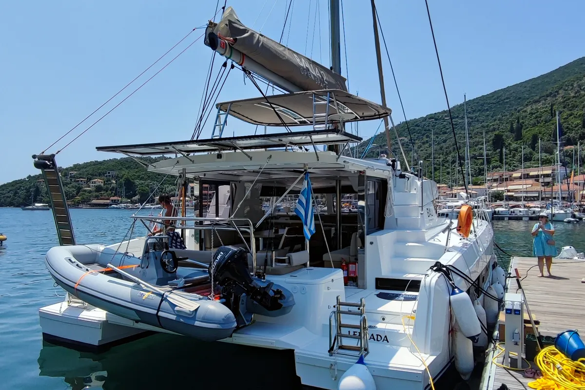 Exterior view of Serenity, a Bali 4.2 catamaran at Municipal Unit of Apollonioi, Greece