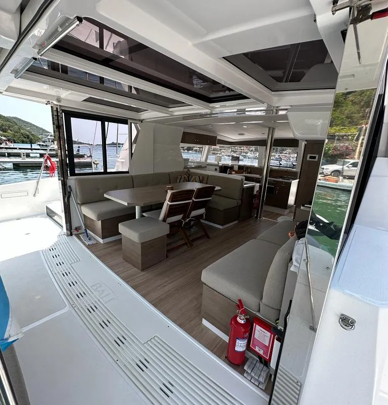 Deck of Serenity, a Bali 4.2 catamaran at Municipal Unit of Apollonioi, Greece