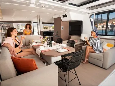 Salon of Serenity, a Bali 4.2 catamaran at Municipal Unit of Apollonioi, Greece
