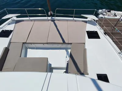 Deck of Serenity, a Bali 4.2 catamaran at Municipal Unit of Apollonioi, Greece