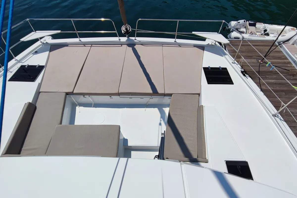 Deck of Serenity, a Bali 4.2 catamaran at Municipal Unit of Apollonioi, Greece