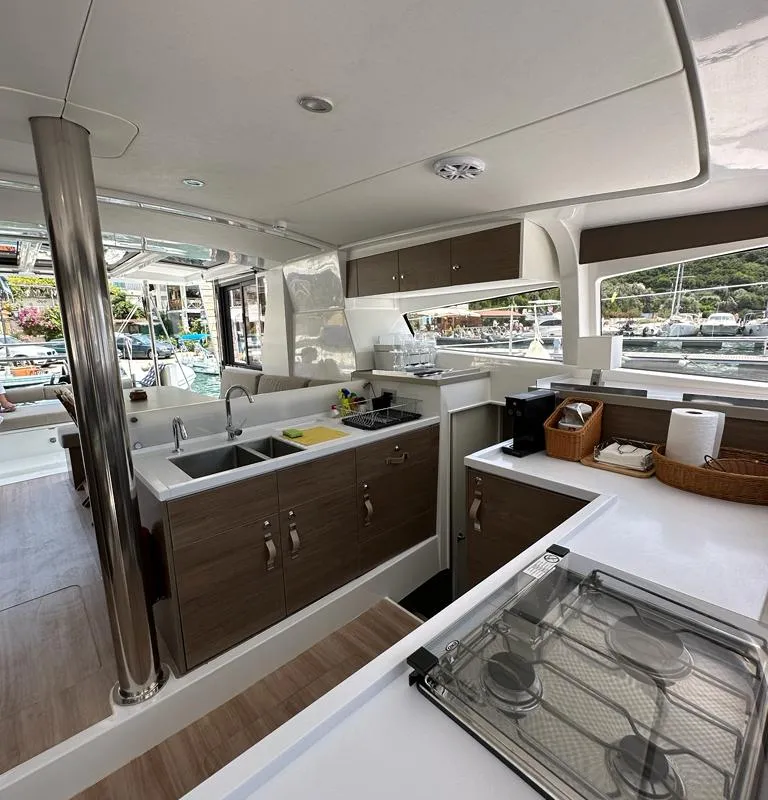 Galley of Serenity, a Bali 4.2 catamaran at Municipal Unit of Apollonioi, Greece