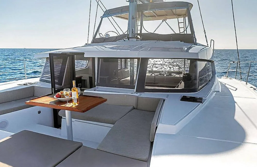 Deck of Serenity, a Bali 4.2 catamaran at Municipal Unit of Apollonioi, Greece