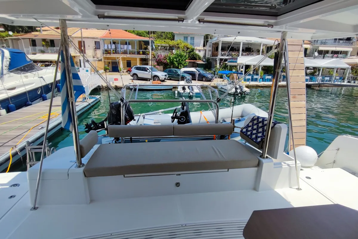 Deck of Serenity, a Bali 4.2 catamaran at Municipal Unit of Apollonioi, Greece