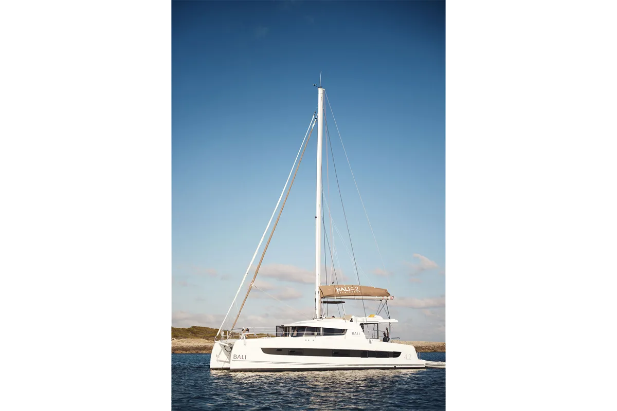 Exterior view of Serenity, a Bali 4.2 catamaran at Municipal Unit of Apollonioi, Greece