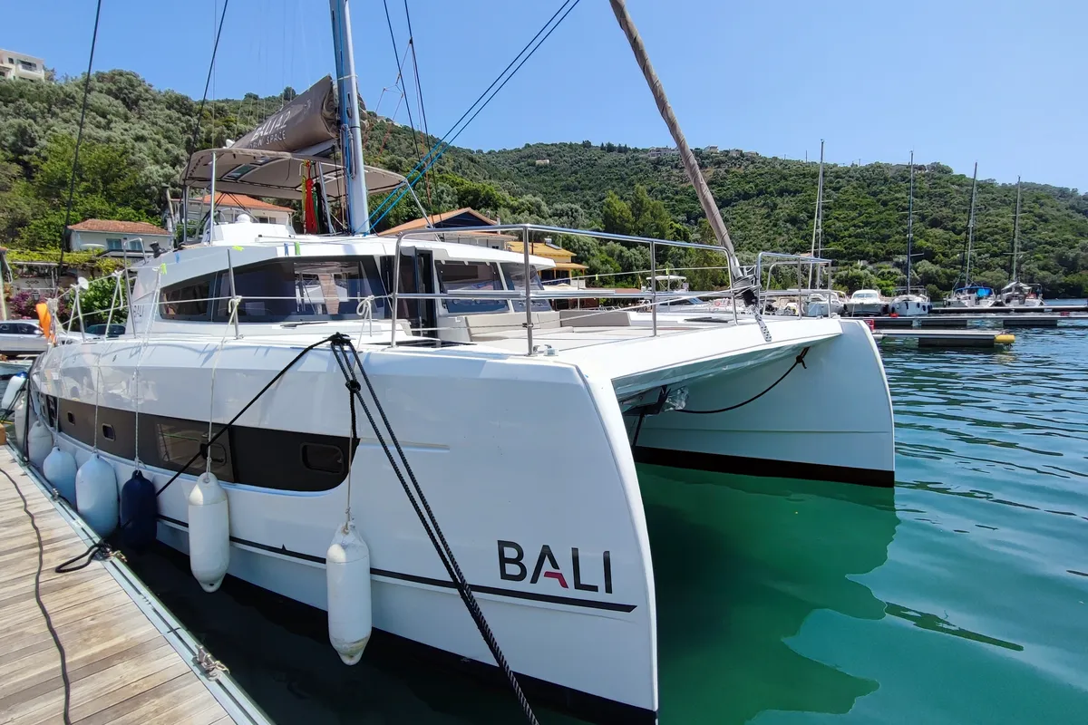 Exterior view of Serenity, a Bali 4.2 catamaran at Municipal Unit of Apollonioi, Greece