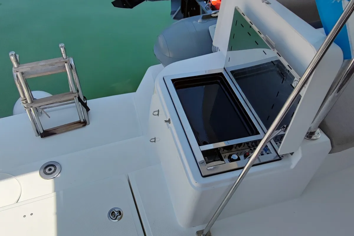 Deck of Serenity, a Bali 4.2 catamaran at Municipal Unit of Apollonioi, Greece