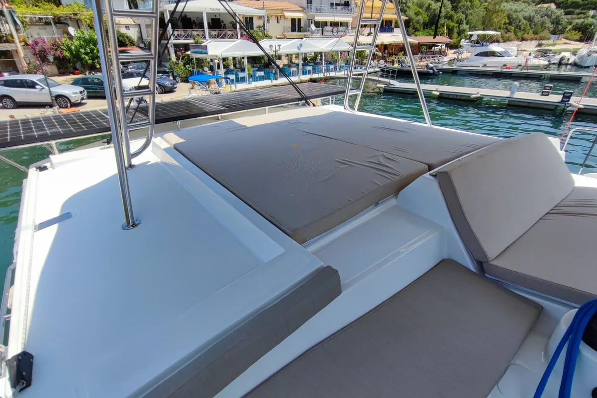Deck of Serenity, a Bali 4.2 catamaran at Municipal Unit of Apollonioi, Greece