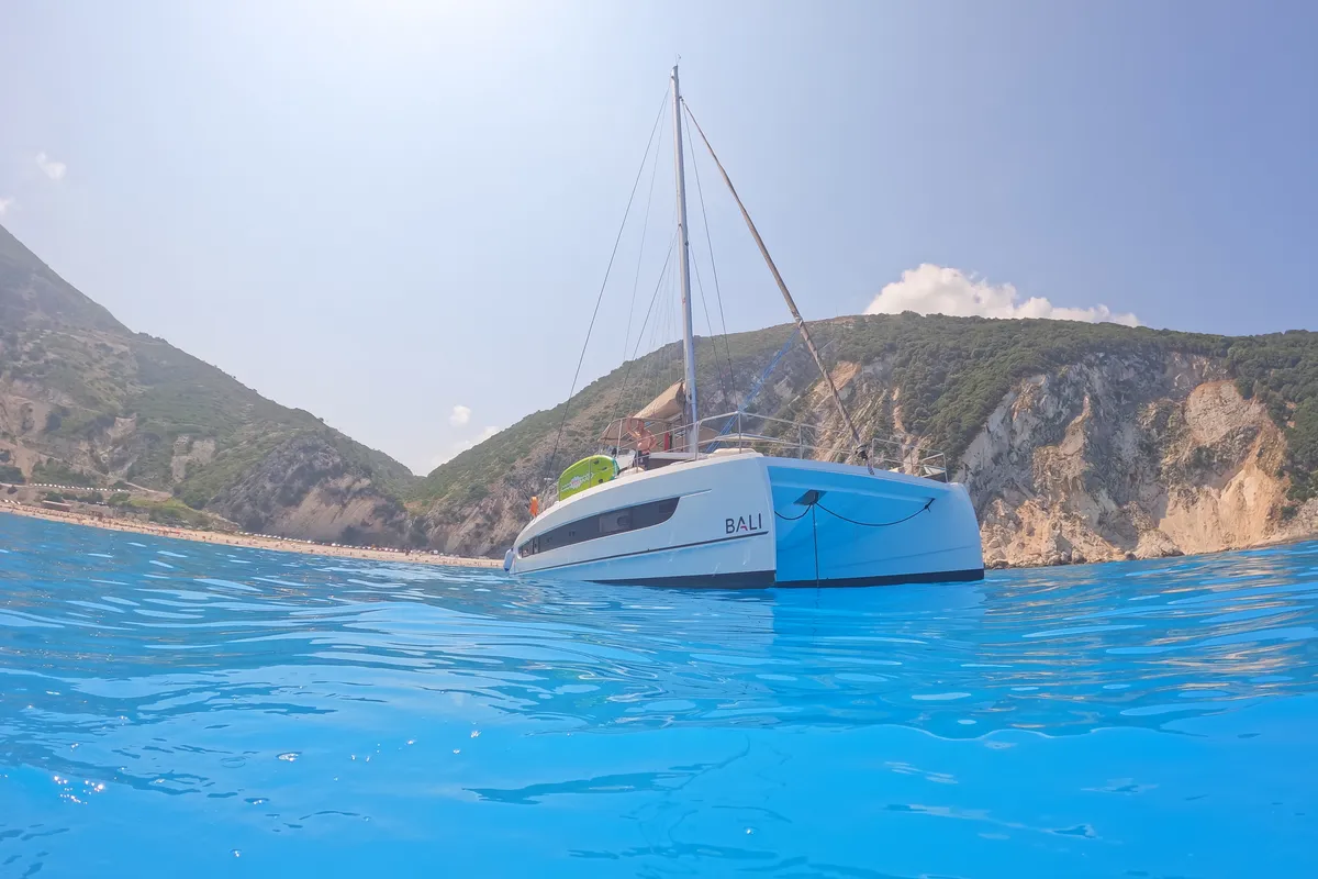 Exterior view of Serenity, a Bali 4.2 catamaran at Municipal Unit of Apollonioi, Greece