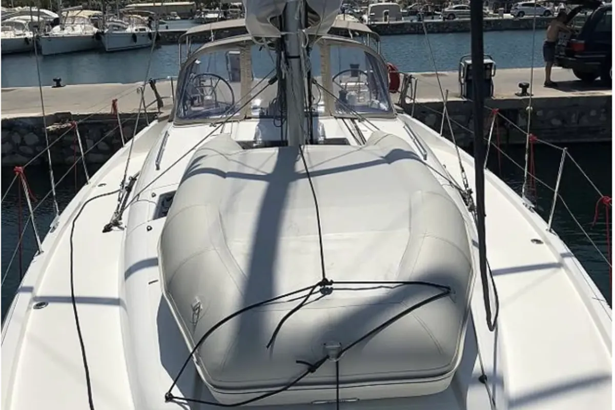 Exterior view of Tikal III, a Jeanneau Sun Odyssey 440 sailboat at Municipal Unit of Lefkada, Greece