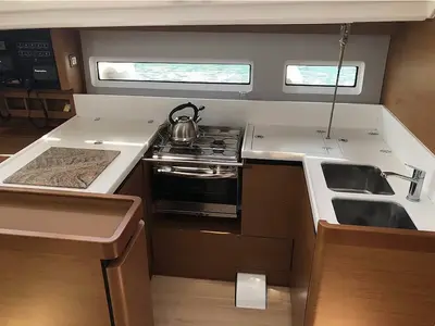 Galley of Tikal III, a Jeanneau Sun Odyssey 440 sailboat at Municipal Unit of Lefkada, Greece