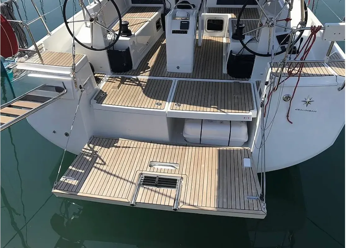 Deck of Tikal III, a Jeanneau Sun Odyssey 440 sailboat at Municipal Unit of Lefkada, Greece