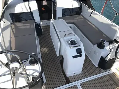 Cockpit of Tikal III, a Jeanneau Sun Odyssey 440 sailboat at Municipal Unit of Lefkada, Greece