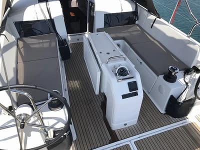 Cockpit of Tikal III, a Jeanneau Sun Odyssey 440 sailboat at Lefkada, Greece