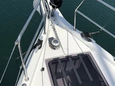 Deck of Tikal III, a Jeanneau Sun Odyssey 440 sailboat at Lefkada, Greece