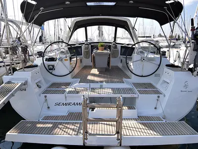 Cockpit of Semiramis, a Beneteau Oceanis 45 sailboat at Kontokali, Greece