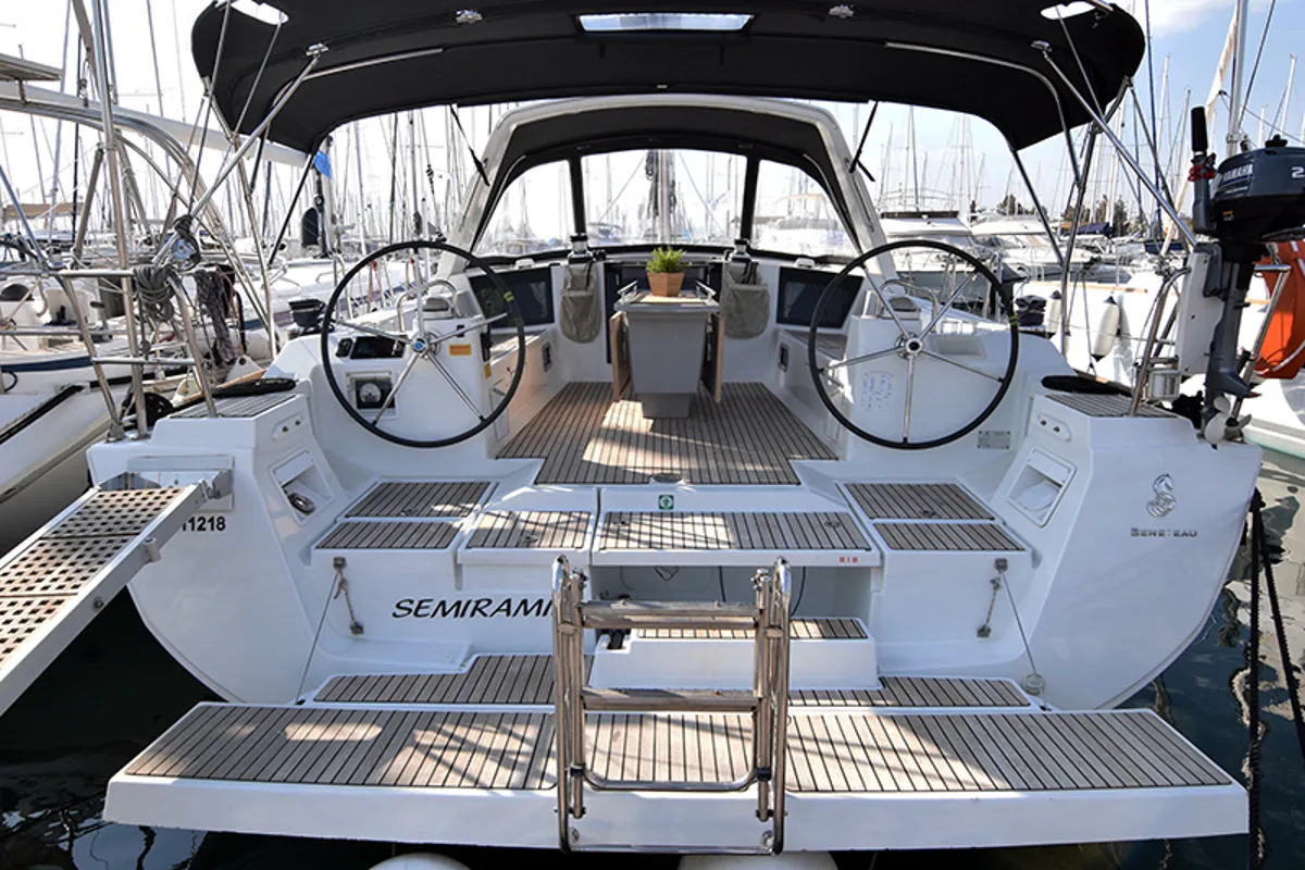 Cockpit of Semiramis, a Beneteau Oceanis 45 sailboat at Kontokali, Greece