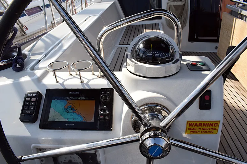 Cockpit of Semiramis, a Beneteau Oceanis 45 sailboat at Kontokali, Greece