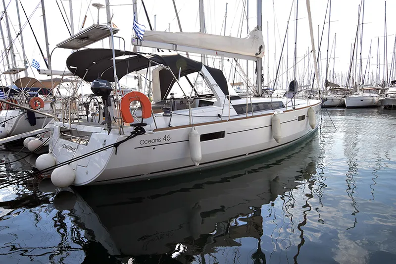 Exterior view of Semiramis, a Beneteau Oceanis 45 sailboat at Kontokali, Greece