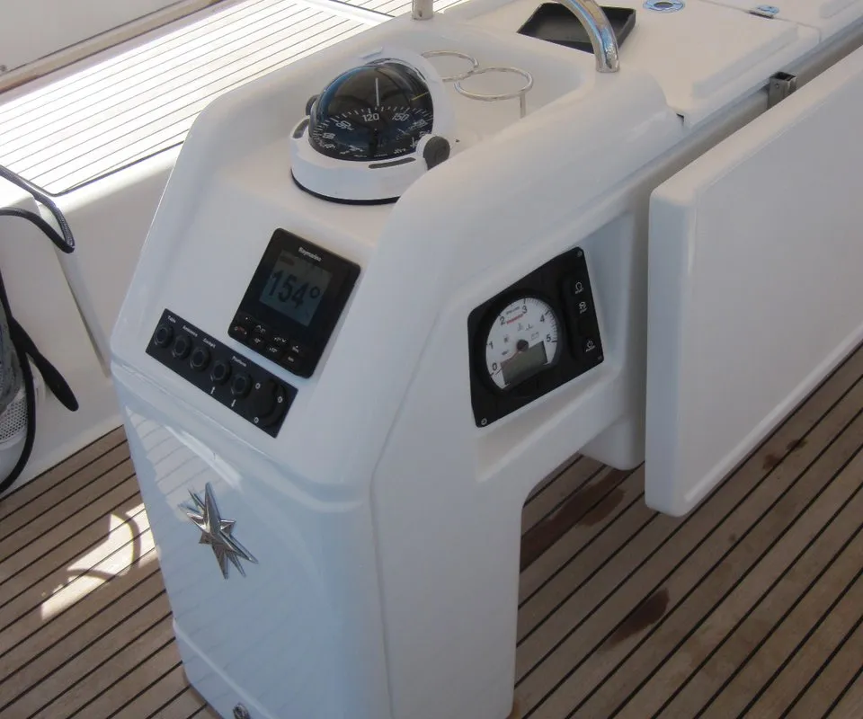 Cockpit of Teresa, a Jeanneau Sun Odyssey 490 sailboat at Capo d'Orlando, Italy