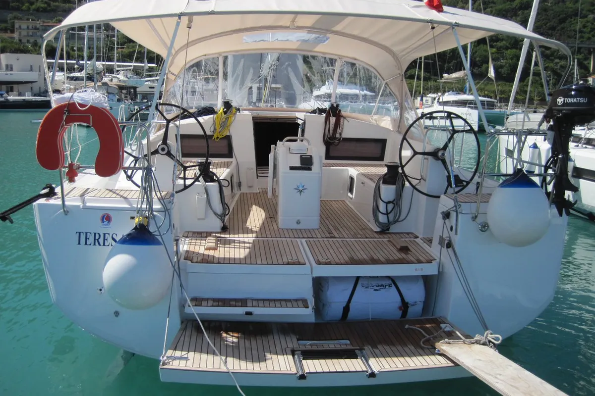 Exterior view of Teresa, a Jeanneau Sun Odyssey 490 sailboat at Capo d'Orlando, Italy