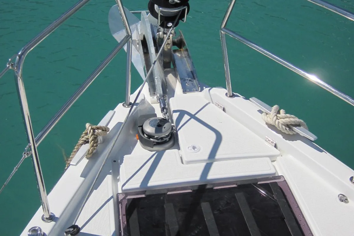 Deck of Teresa, a Jeanneau Sun Odyssey 490 sailboat at Capo d'Orlando, Italy