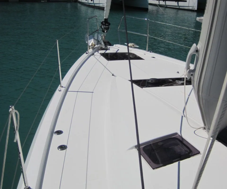Deck of Teresa, a Jeanneau Sun Odyssey 490 sailboat at Capo d'Orlando, Italy