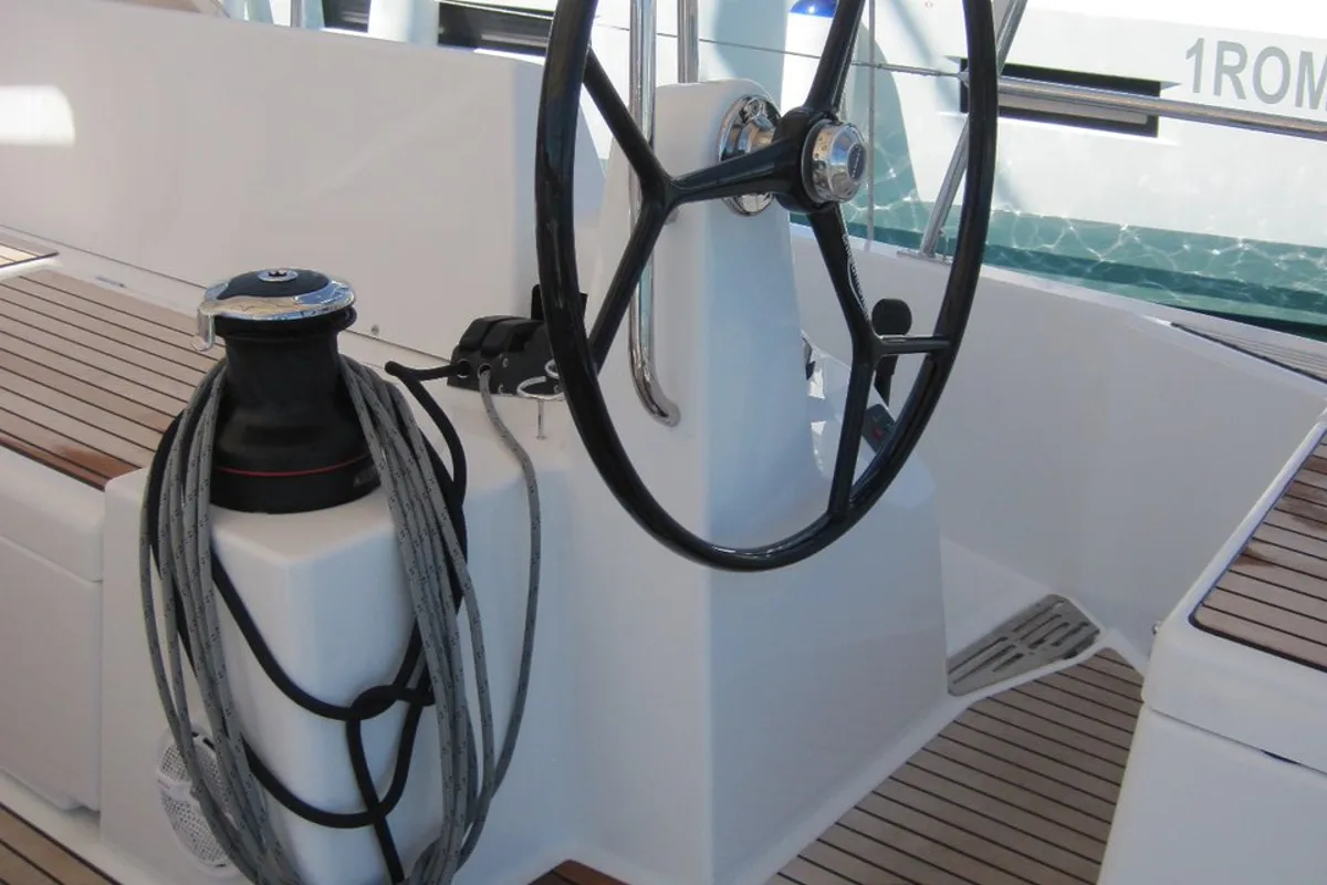 Cockpit of Teresa, a Jeanneau Sun Odyssey 490 sailboat at Capo d'Orlando, Italy