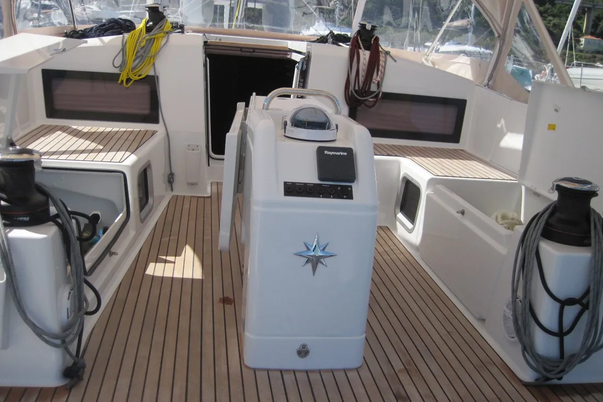 Cockpit of Teresa, a Jeanneau Sun Odyssey 490 sailboat at Capo d'Orlando, Italy