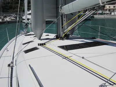 Deck of Teresa, a Jeanneau Sun Odyssey 490 sailboat at Capo d'Orlando, Italy