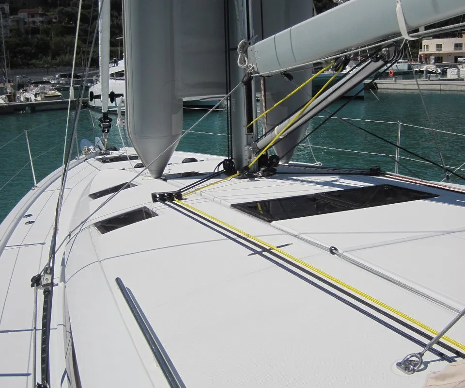 Deck of Teresa, a Jeanneau Sun Odyssey 490 sailboat at Capo d'Orlando, Italy