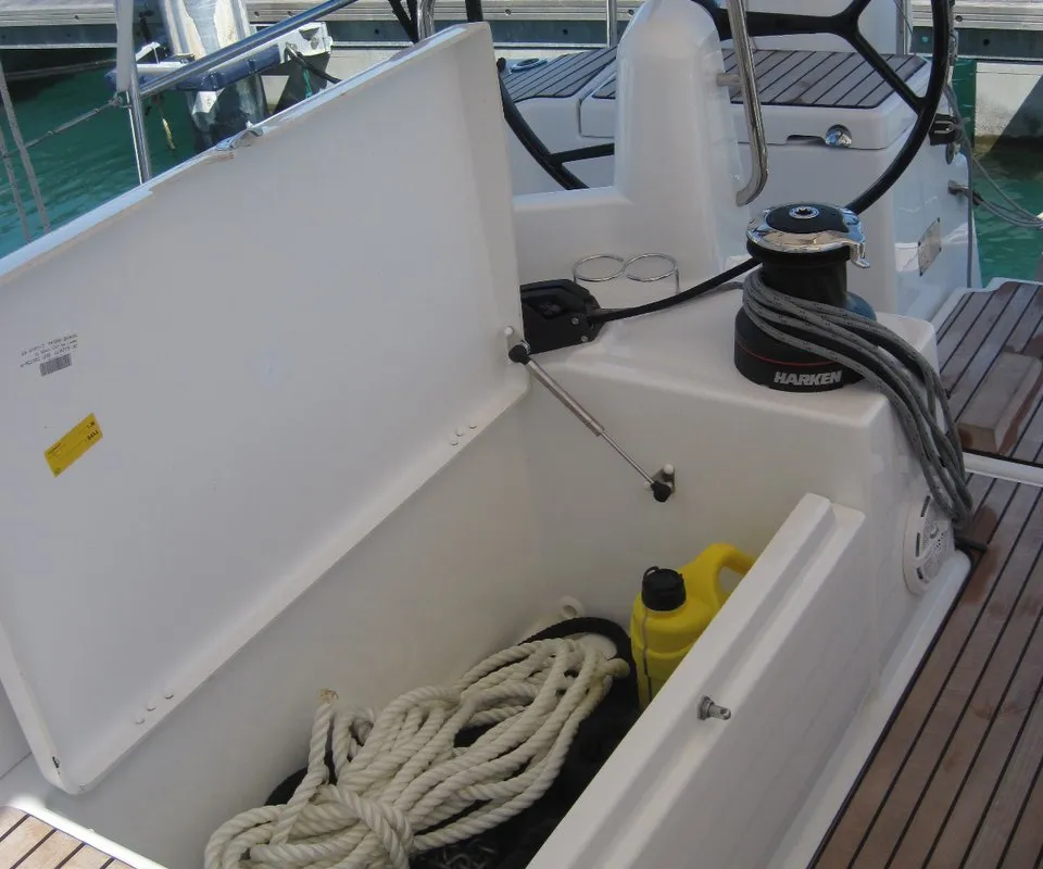 Cockpit of Teresa, a Jeanneau Sun Odyssey 490 sailboat at Capo d'Orlando, Italy